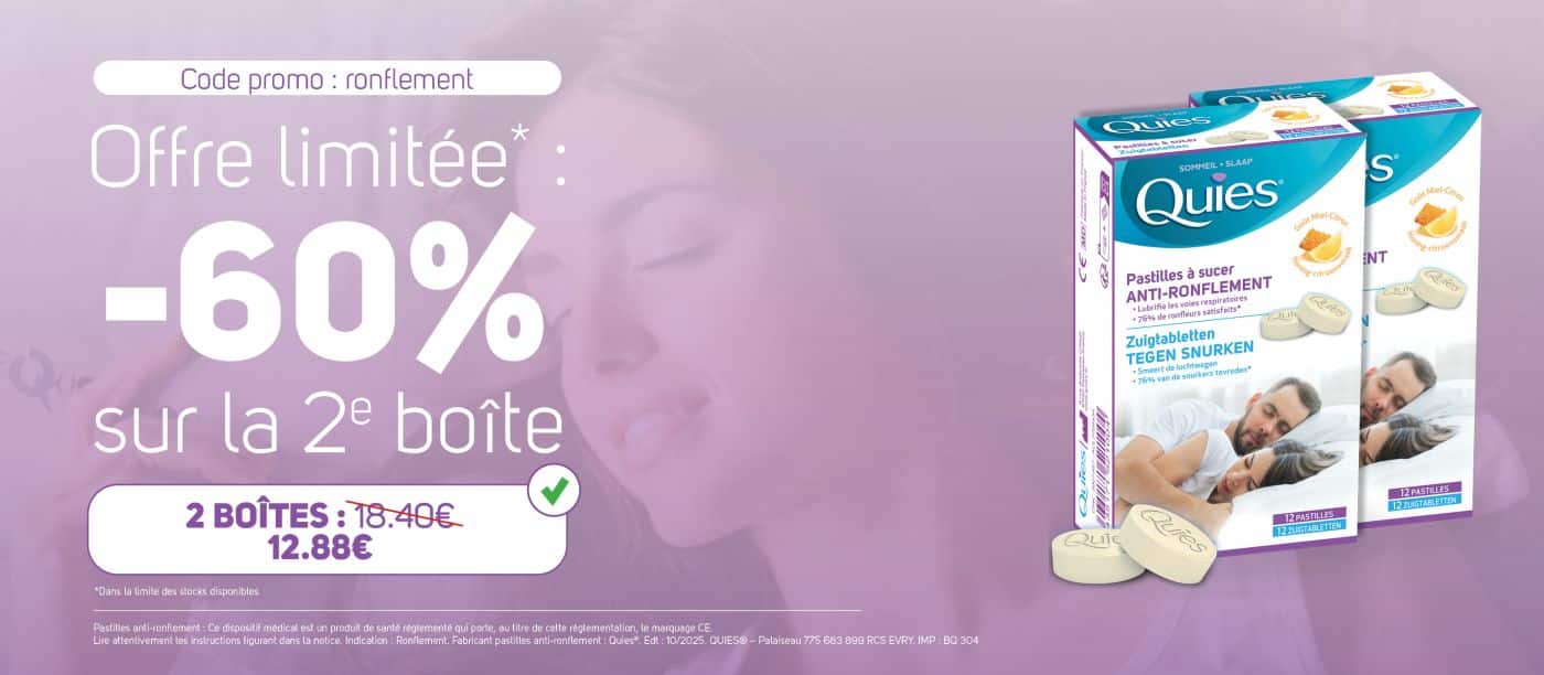 Promotion pastilles anti-ronflement goût miel citron Quies – le deuxième produit à -60%