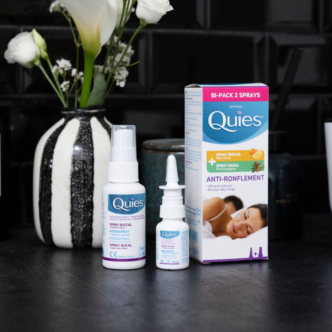 Texte alternatif : Packaging Quies Bi-Pack Anti-Ronflement avec spray nasal et spray buccal
