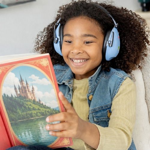 Enfant lisant calmement avec le casque Quies Anti-Bruit sur les oreilles