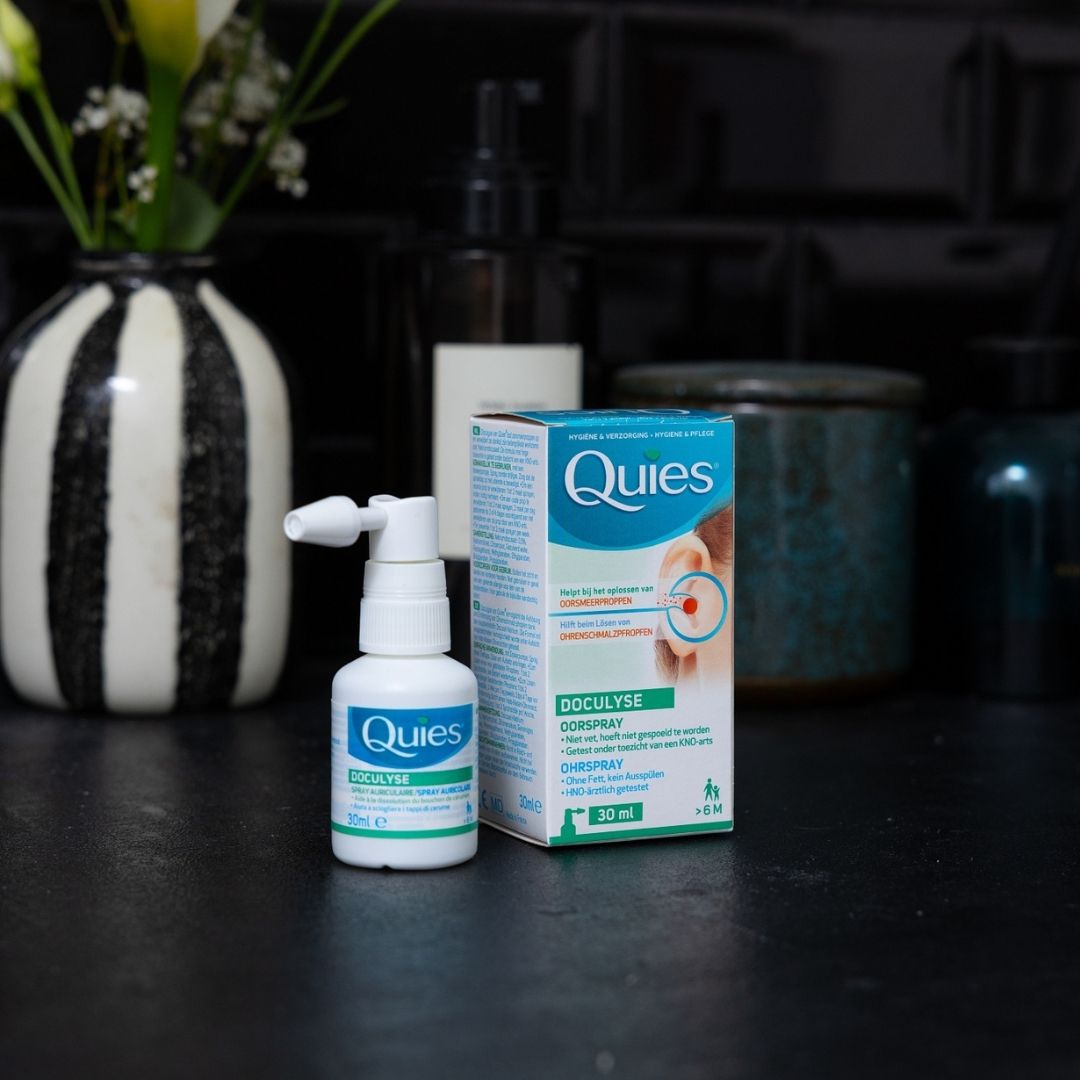 Packaging du spray auriculaire Quies Doculyse anti-bouchon de cérumenaPackaging du spray auriculaire Quies Doculyse anti-bouchon de cérumen