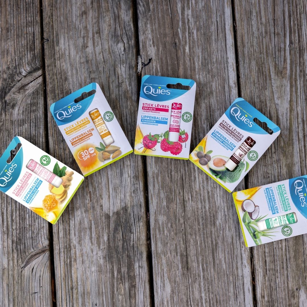 Gamme de sticks à lèvres Quies aux différents parfums et actions