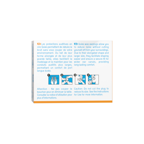 Dos du packaging des boules Quies en cire grand format avec informations produit et conseils d’utilisation détaillés