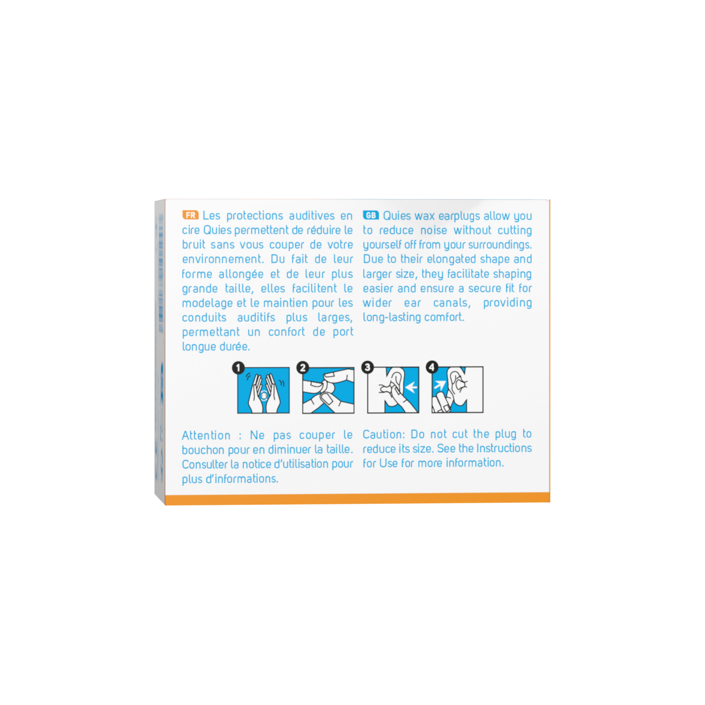 Dos du packaging des boules Quies en cire grand format avec informations produit et conseils d’utilisation détaillés
