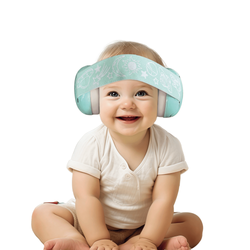Bébé portant un casque anti-bruit Quies pour protéger son audition dans un environnement bruyant jusqu'à 24dB.