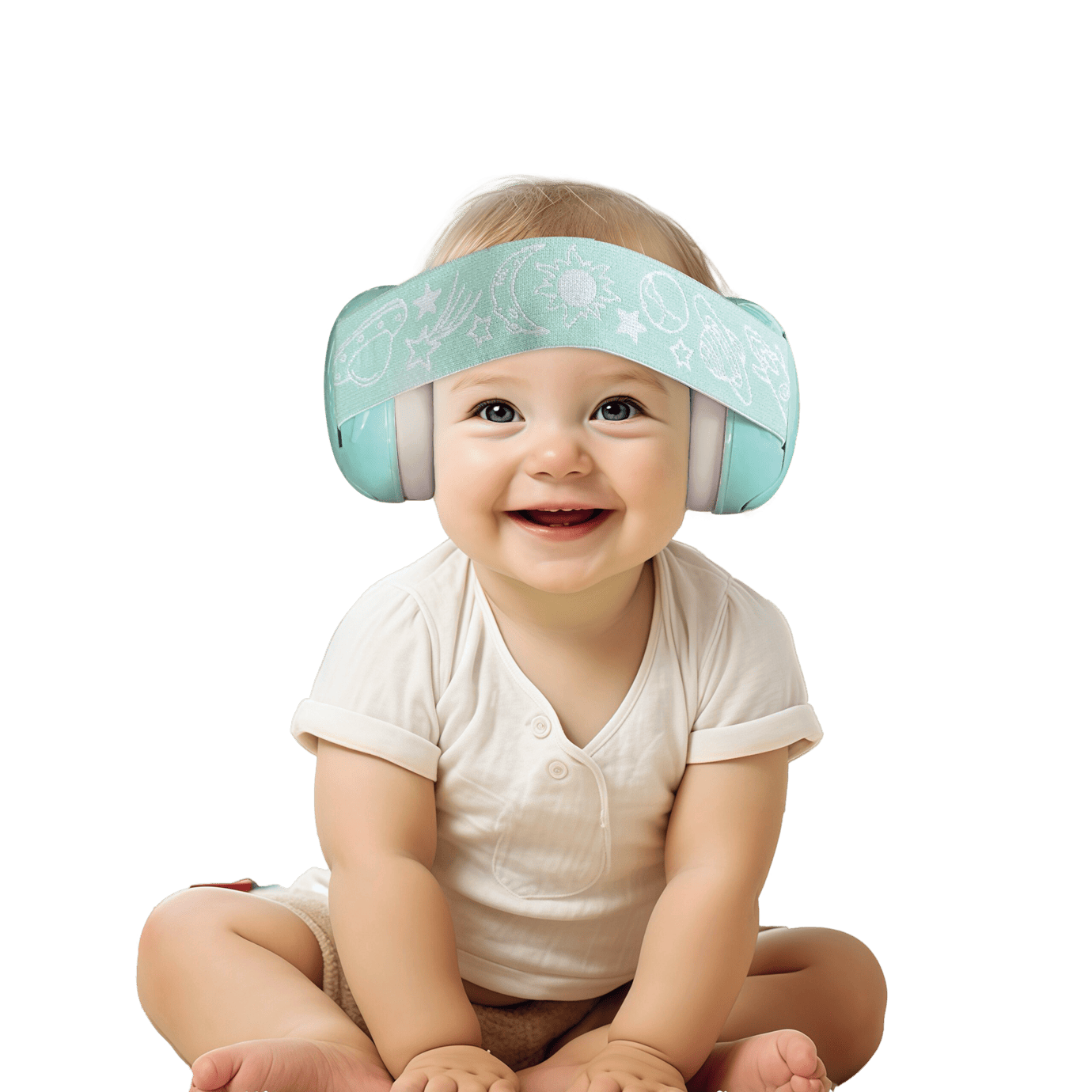 Bébé portant un casque anti-bruit Quies pour protéger son audition dans un environnement bruyant jusqu'à 24dB.