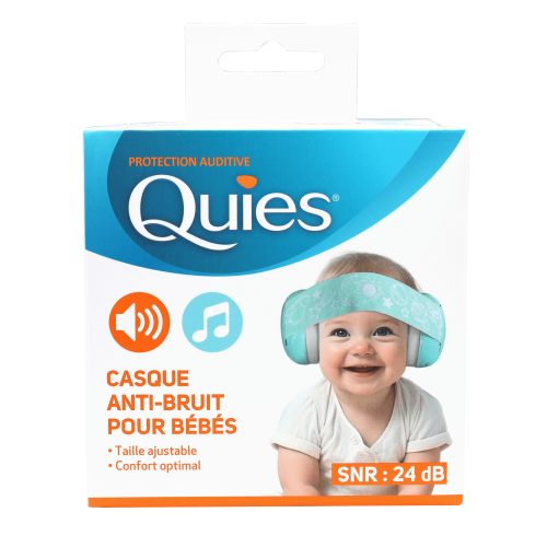 Packaging du casque anti-bruit pour bébés Quies conçu pour protéger l’audition des nourrissons et jeunes enfants contre les bruits forts.