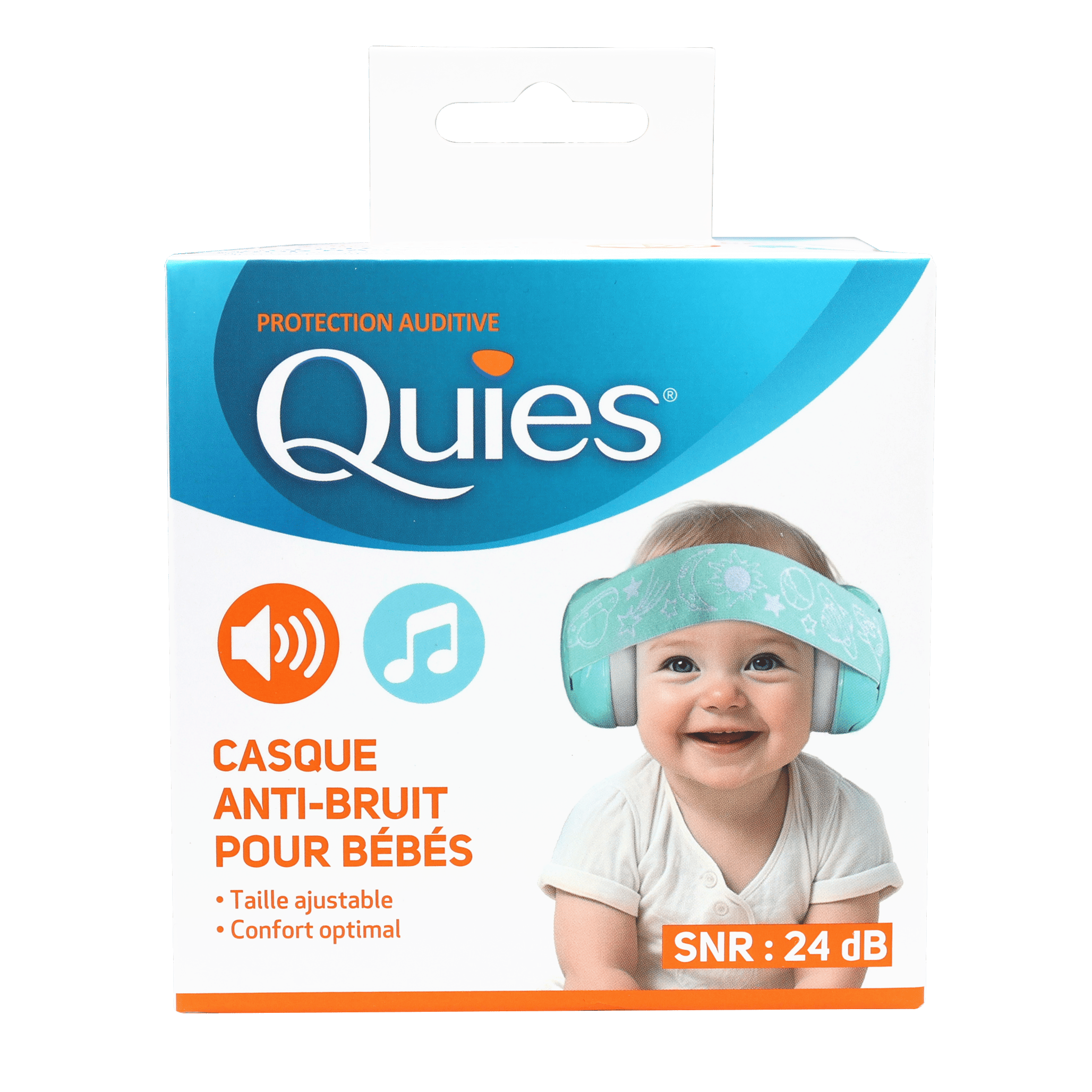 Packaging du casque anti-bruit pour bébés Quies conçu pour protéger l’audition des nourrissons et jeunes enfants contre les bruits forts.